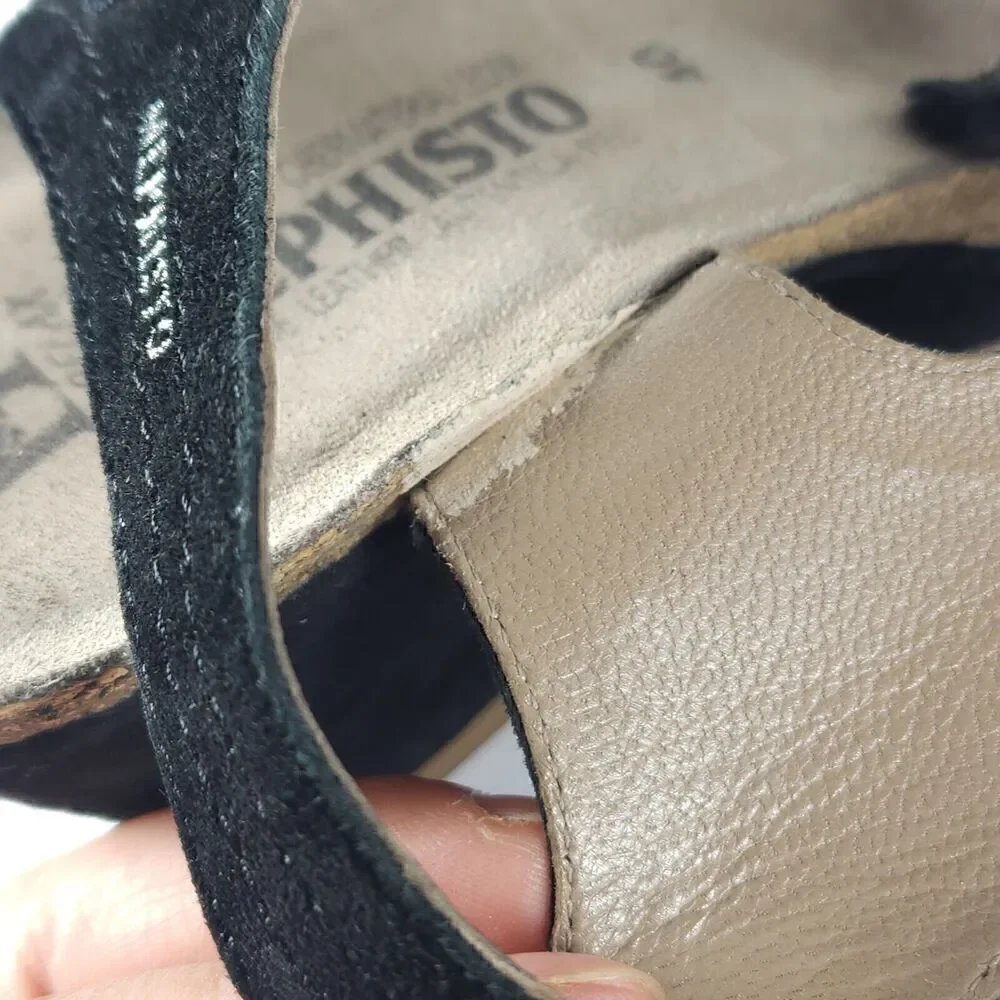 Mephisto Women's Jackie 40 US9-9,5 Black Leather Cork Embellished Wedge Sandals